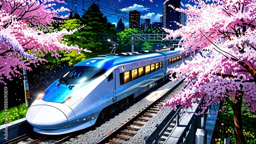  Shinkansen train races through a landscape of glowing cherry blossoms under a star-filled sky. The combination of the illuminated blossoms, the modern train