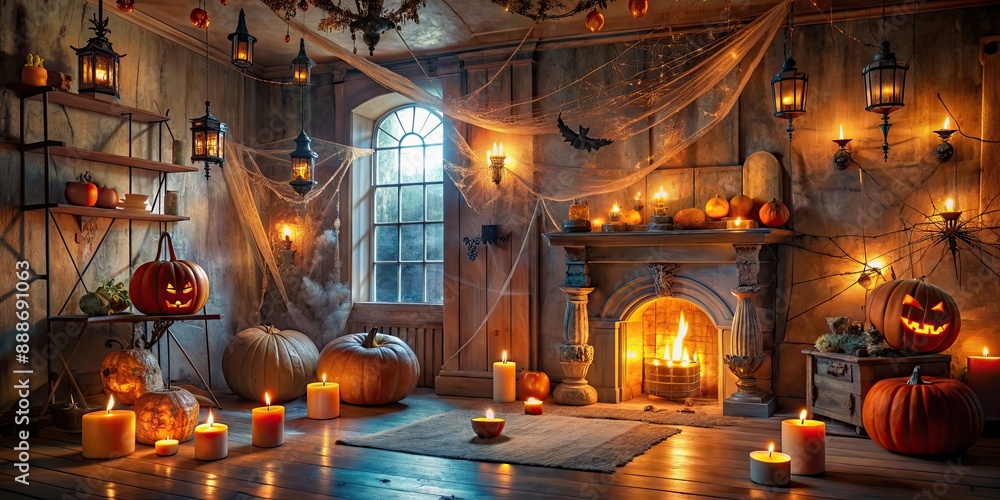 Haunted house interior decorated for Halloween with cobwebs, pumpkins, candles, and eerie lighting, haunted, house Haunted house interior decorated for Halloween with cobwebs, pumpkins, candles, and eerie lighting, haunted, house