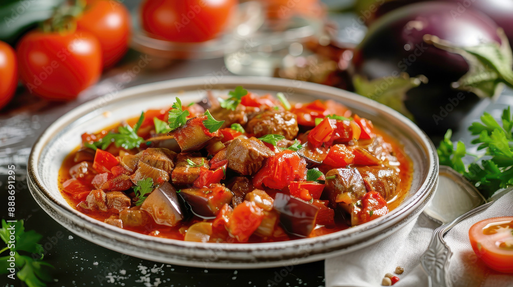 beef stew with eggplant. AI generative. beef stew with eggplant. AI generative.