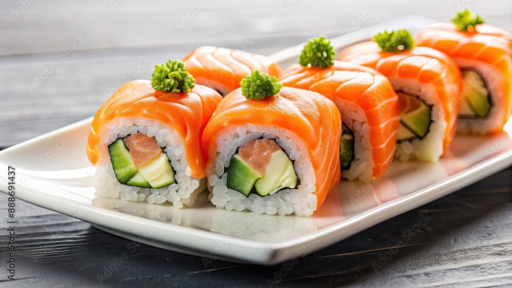 Sushi with fresh salmon slices on a white plate, salmon, sushi, Japanese, food, seafood, raw, gourmet, traditional Sushi with fresh salmon slices on a white plate, salmon, sushi, Japanese, food, seafood, raw, gourmet, traditional