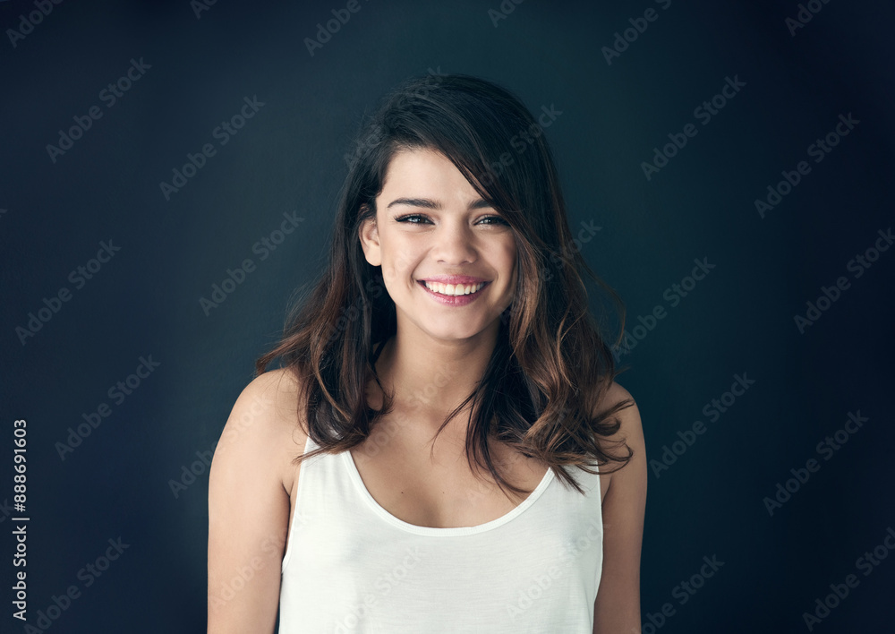Hair care, beauty and portrait of woman in studio for clean, shampoo and collagen treatment for shine. Smile, health and person with routine for soft, volume and growth hairstyle by black background. Hair care, beauty and portrait of woman in studio for clean, shampoo and collagen treatment for shine. Smile, health and person with routine for soft, volume and growth hairstyle by black background.