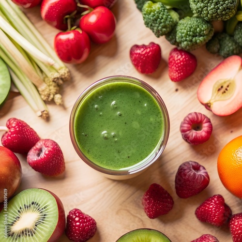 Scrumptious kiwi and berry smoothie surrounded by fresh fruits and vegetables photo