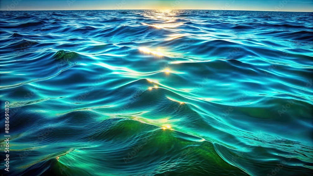 Illuminated sea water with gradient effect from green to deep blue, ripples and undulating lines at surface, darkening at bottom Illuminated sea water with gradient effect from green to deep blue, ripples and undulating lines at surface, darkening at bottom