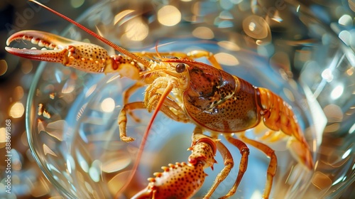 Close-Up of Crayfish in Transparent Glass Plate with Backlighting. Perfect for Commercial Ads and Event Invitations, Showcasing a Mysterious and Tempting Atmosphere. Ideal for Food, Summer Parties, an photo