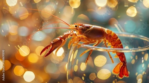 Close-Up of Crayfish in Transparent Glass Plate with Backlighting. Perfect for Commercial Ads and Event Invitations, Showcasing a Mysterious and Tempting Atmosphere. Ideal for Food, Summer Parties, an photo