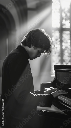 Young male pianist playing a grand piano in a dimly lit room with a spotlight on him