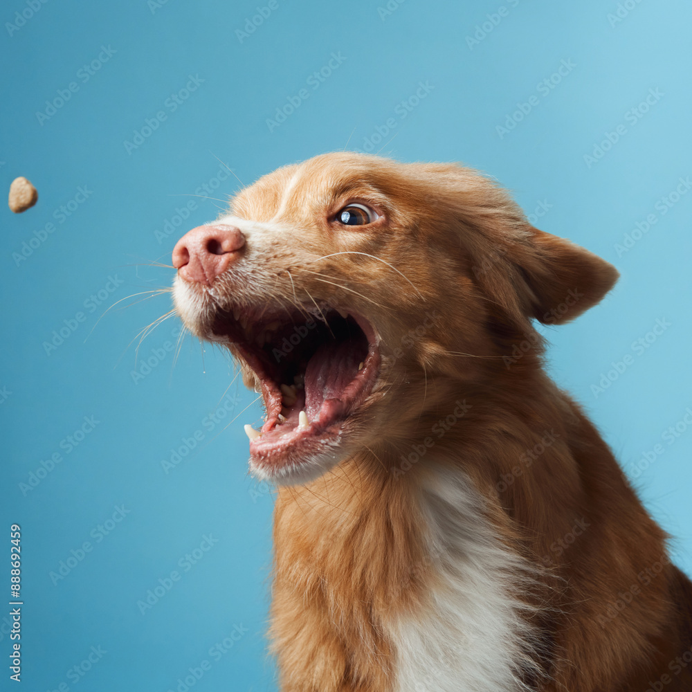 dog with open mouth. Nova Scotia Duck Tolling Retriever vocalizing energetically, set against a soothing blue backdrop, capturing the breed vivacious personality. dog with open mouth. Nova Scotia Duck Tolling Retriever vocalizing energetically, set against a soothing blue backdrop, capturing the breed vivacious personality.