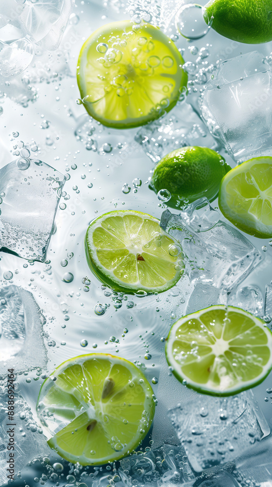 Green lemon slices and ice cubes in white water bubbles Green lemon slices and ice cubes in white water bubbles