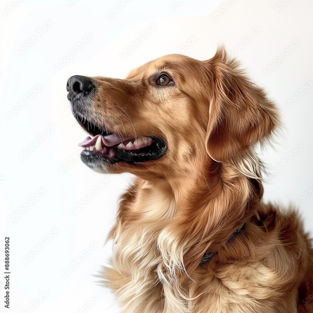 Golden Retriever portrait from the side with a happy expression against a white background. Ideal for pet and lifestyle stock images. Golden Retriever portrait from the side with a happy expression against a white background. Ideal for pet and lifestyle stock images.