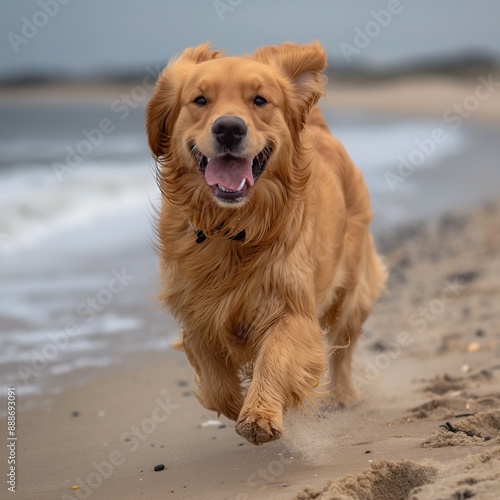 Golden Retriever running on the beach with a big smile, capturing the joy and freedom of a sunny day by the sea.