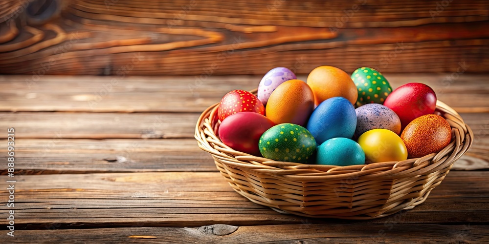 Colorful Easter eggs in basket on wooden table , Easter, festival, celebration, decorations, vibrant, colors, spring, holiday Colorful Easter eggs in basket on wooden table , Easter, festival, celebration, decorations, vibrant, colors, spring, holiday