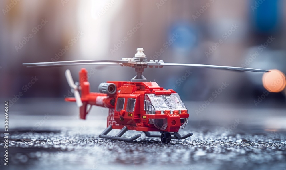 Naklejka premium Close-Up of a Red Plastic Helicopter Toy Model. Ideal for Advertising, Event Invitations, International Aviation Day, and Children's Day Gift Articles. Perfect for Commercial Use, Marketing Campaigns,