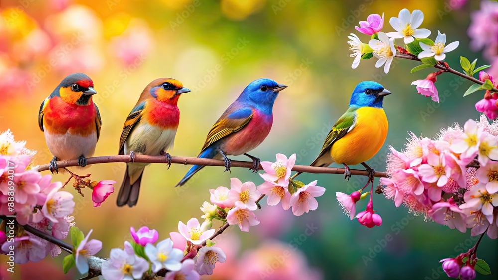 Obraz premium Vibrant springtime scene with colorful birds perched on blooming flowers, spring, birds, flowers, vibrant, colorful, nature