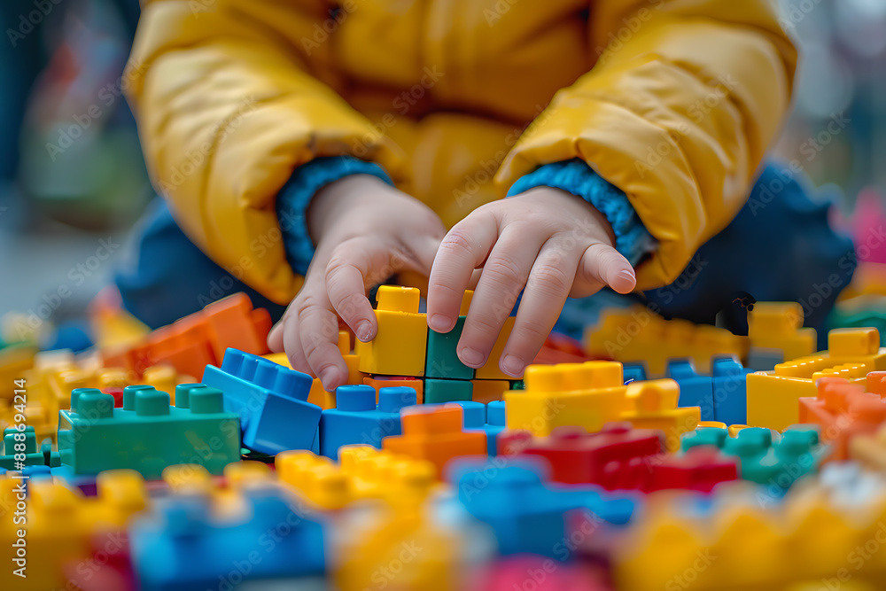 capturing a child's hands assembling vibrant plastic building blocks, showcasing creativity and developmental growth. capturing a child's hands assembling vibrant plastic building blocks, showcasing creativity and developmental growth.