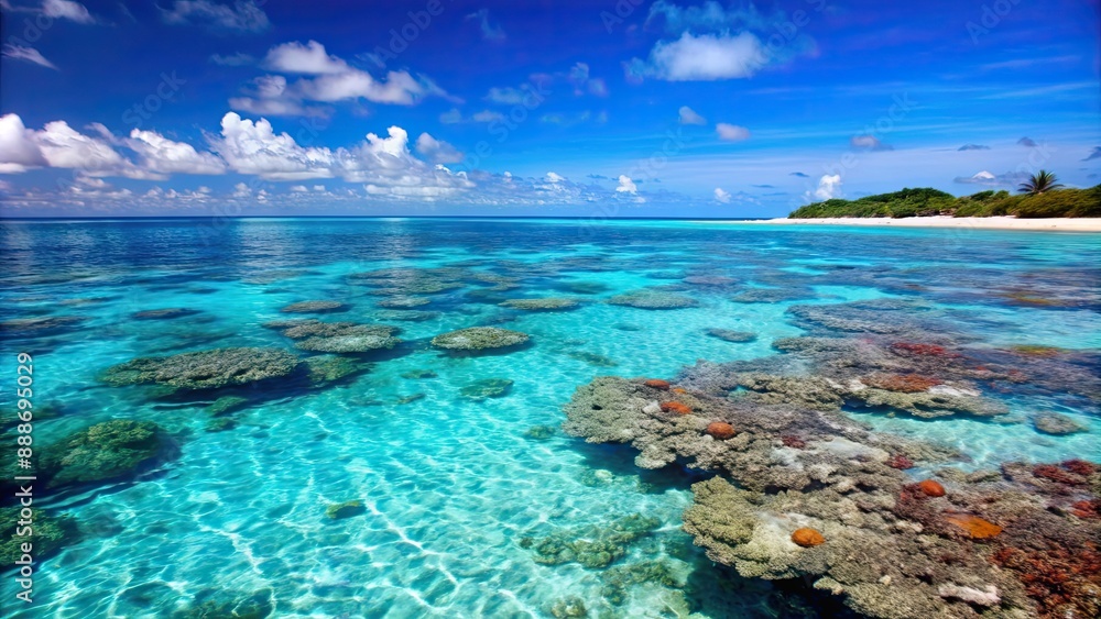 Ocean scene with clear blue water, white sandy beach, and colorful coral reefs, ocean, sea, beach, clear water Ocean scene with clear blue water, white sandy beach, and colorful coral reefs, ocean, sea, beach, clear water