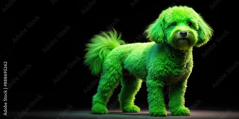 Green dog with vibrant fur standing out against a dark black background, rare, strange, unusual, vibrant, colorful, animal Green dog with vibrant fur standing out against a dark black background, rare, strange, unusual, vibrant, colorful, animal