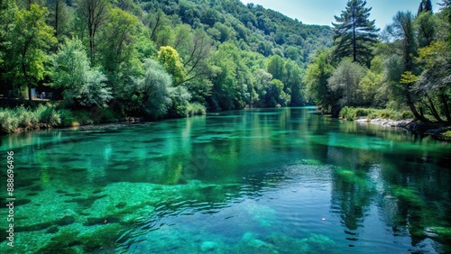 Beautiful green Mreznica river winding through Belavici village in Croatia, showcasing stunning natural landscape photo