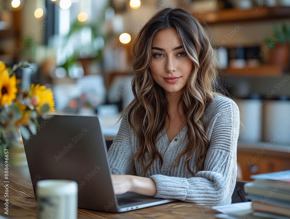 A woman sitting at a table with her laptop. A woman sitting at a table with her laptop.