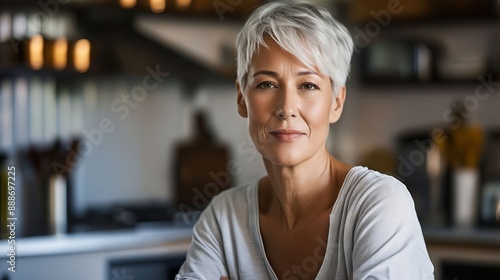 A woman with white hair standing in a kitchen.