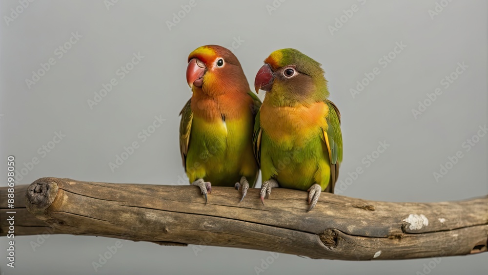 Naklejka premium Lovebird parrots perched closely together on a tree branch , lovebird, parrots, sitting, together, tree, branch, colorful