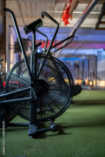 Indoor performance fitness studio assault bike closeup.