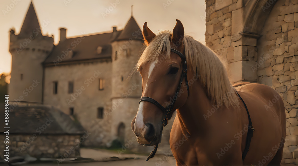 Fototapeta premium a horse standing in front of a castle with a tower