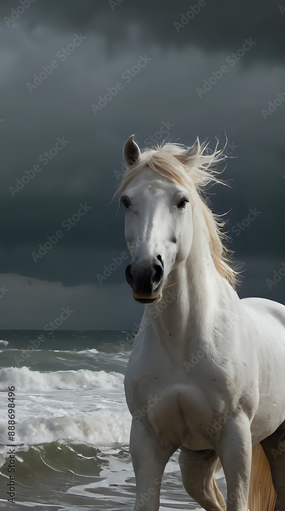 a white horse running on the beach near the ocean a white horse running on the beach near the ocean