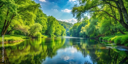 Scenic river landscape with lush green foliage in the countryside forest, scenic, natural, river, landscape, green, foliage