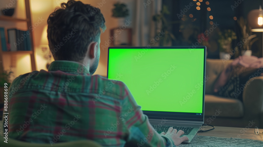 Young man using a laptop computer in a home environment with a blank green screen over the shoulder shot of young adult working on technology device at desk in a personal workspace Young man using a laptop computer in a home environment with a blank green screen over the shoulder shot of young adult working on technology device at desk in a personal workspace
