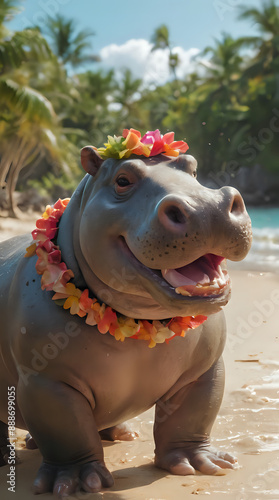 a hippo with a flower leird on its neck