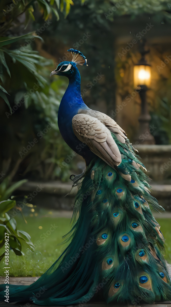Fototapeta premium peacock with blue tail feathers standing on a stone walkway in a garden