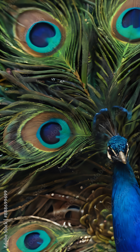 Fototapeta premium peacock with blue feathers and green feathers in a group