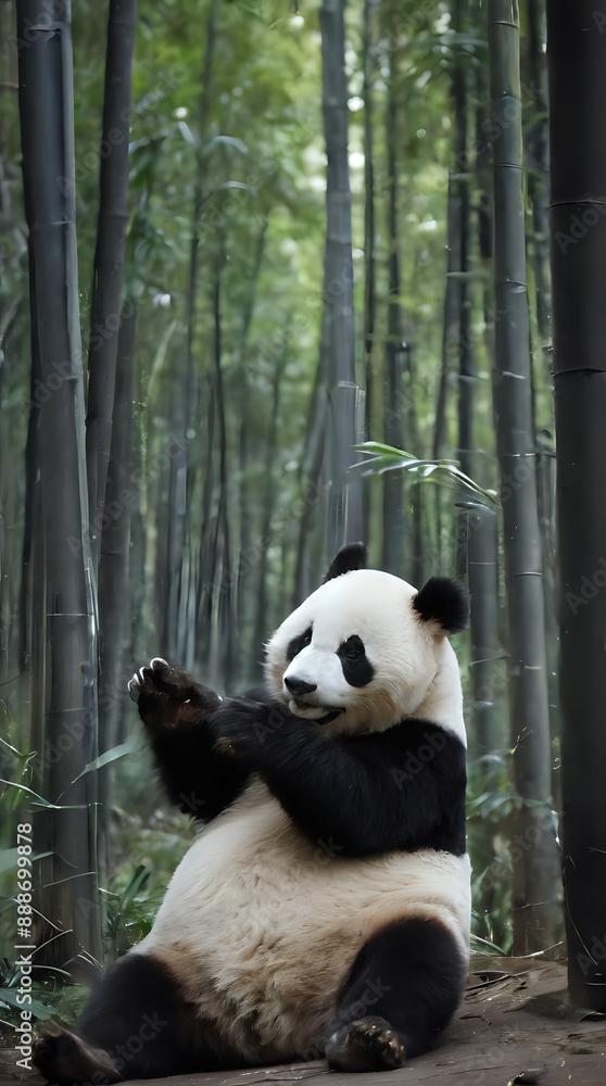 Obraz premium panda sitting on the ground in a bamboo forest with its paws up
