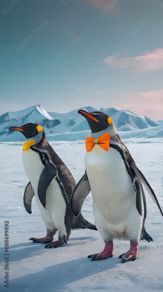Obraz premium penguins with orange bow ties walking in the snow with mountains in the background