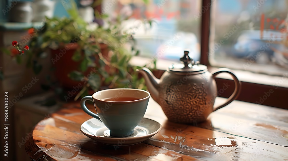 Fototapeta premium A table with a full chai mug and an aromatic tea pot