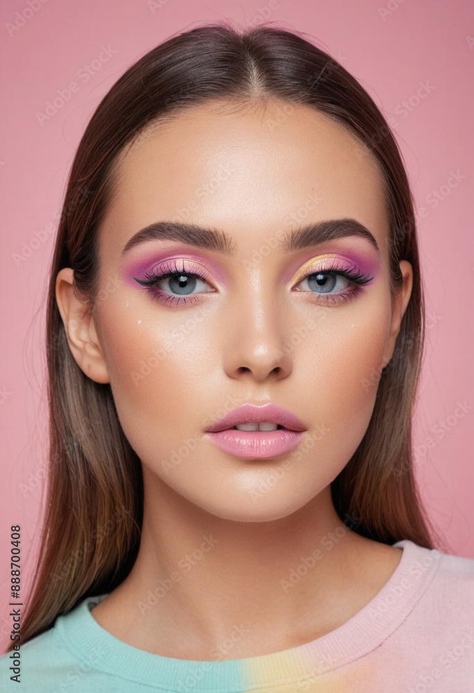 Fototapeta premium A social media user sharing everyday makeup tips with a colorful pastel background 