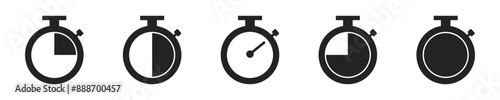 Timer and clock icon set. Set of 5 outline icons related to stopwatch, timer, hourglass, sandglass timer, clock. Linear icon collection. Timer and clock outline icons collection.
