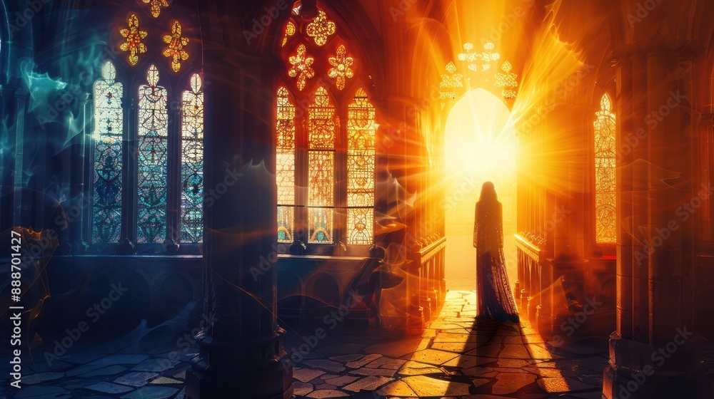 Silhouette of beautiful priestess, gothic sanctuary, and godly aura close up, focus on, copy space vibrant colors Double exposure silhouette with carved stonework Silhouette of beautiful priestess, gothic sanctuary, and godly aura close up, focus on, copy space vibrant colors Double exposure silhouette with carved stonework