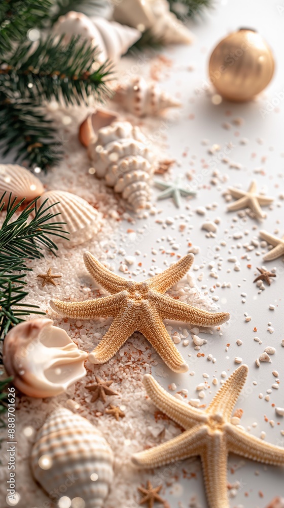 Beachside Starfish, Seashells, and Festive Ornaments for Coastal Holiday Vibe Beachside Starfish, Seashells, and Festive Ornaments for Coastal Holiday Vibe