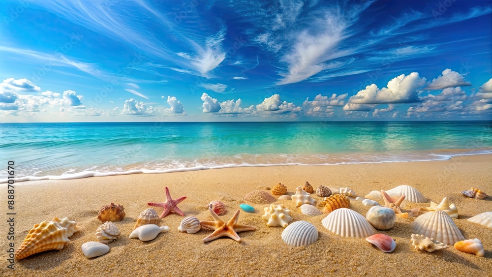 Sandy beach and turquoise sea under clear blue skies with scattered seashells, beach, sea, sand, turquoise, clear sky Sandy beach and turquoise sea under clear blue skies with scattered seashells, beach, sea, sand, turquoise, clear sky