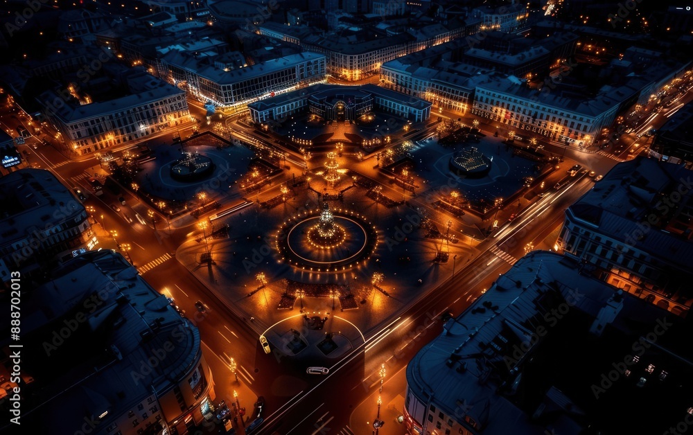 Aerial view of a city square lit up at night, representing vibrant nightlife Aerial view of a city square lit up at night, representing vibrant nightlife