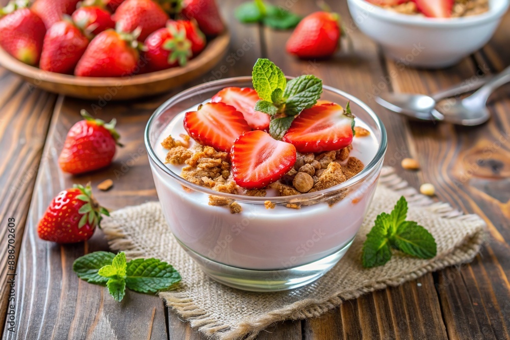 A bowl of strawberry yogurt with mint leaves and granola A bowl of strawberry yogurt with mint leaves and granola