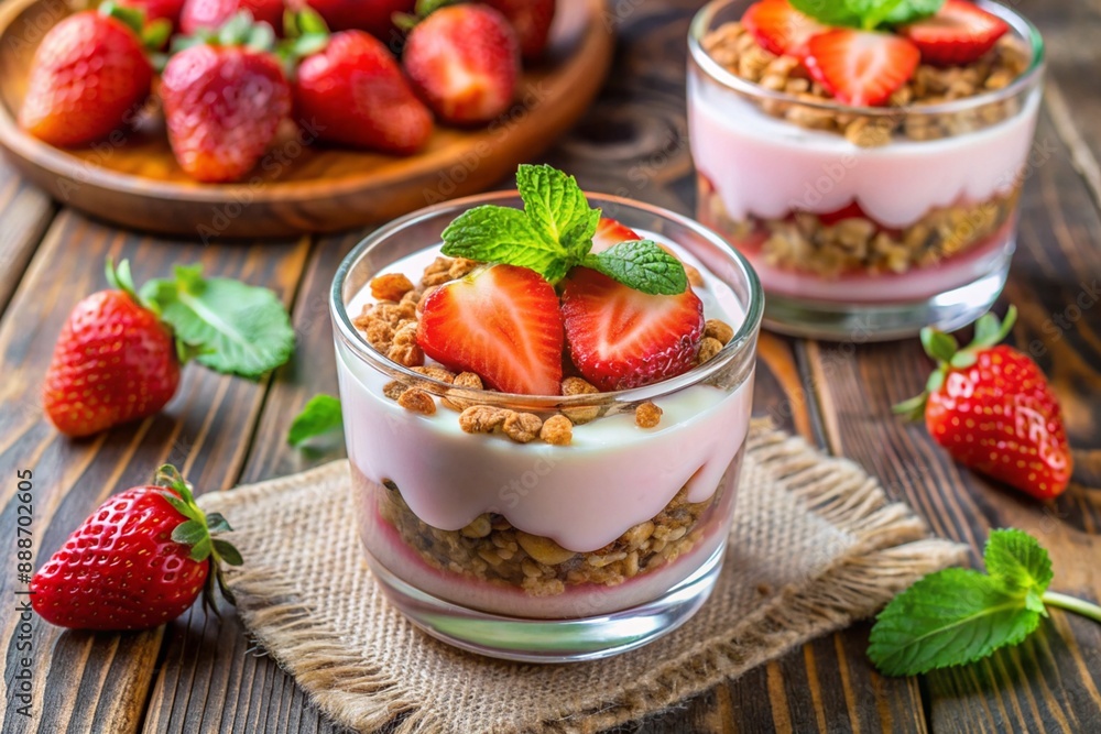 A glass of strawberry yogurt with strawberries and mint leaves on top A glass of strawberry yogurt with strawberries and mint leaves on top
