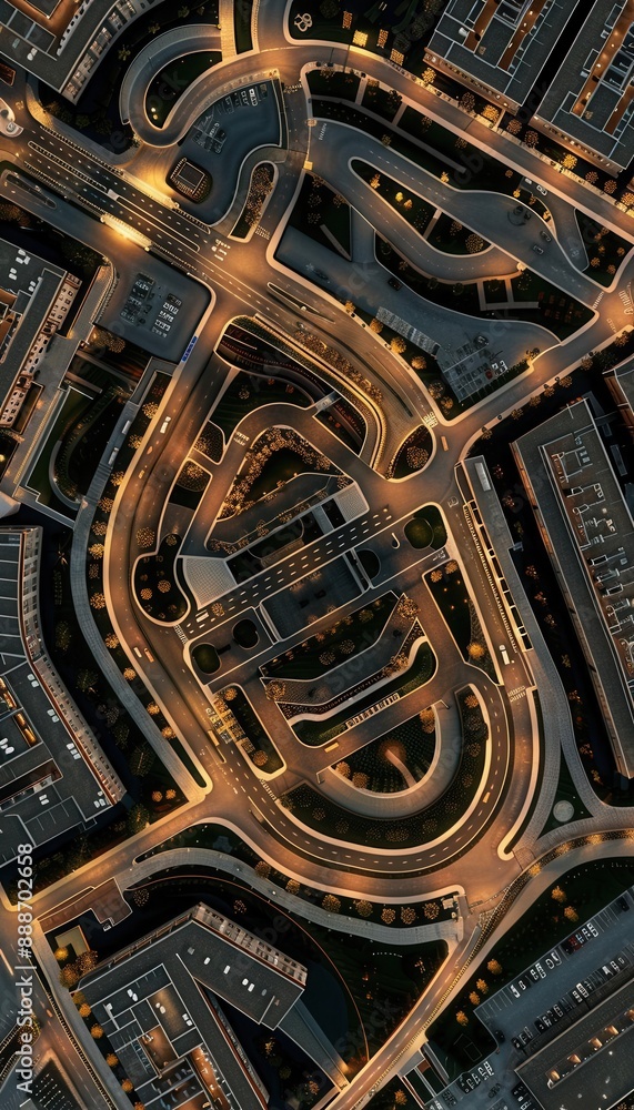 Aerial view of a mixed-use development, representing urban planning Aerial view of a mixed-use development, representing urban planning