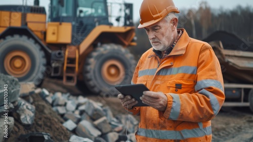 Senior engineer in hard hat using tablet computer in bulldozer, construction site background A garbage truck driver in uniform with a tablet computer controls the loading of goods or coal.