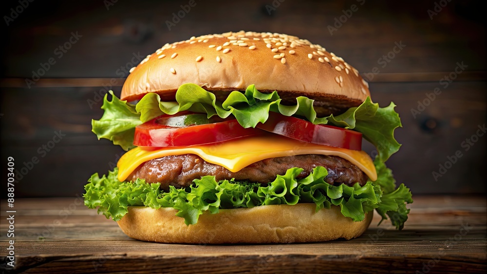 Juicy cheeseburger with melted cheddar, lettuce, tomato, and pickles on a sesame seed bun, cheeseburger Juicy cheeseburger with melted cheddar, lettuce, tomato, and pickles on a sesame seed bun, cheeseburger