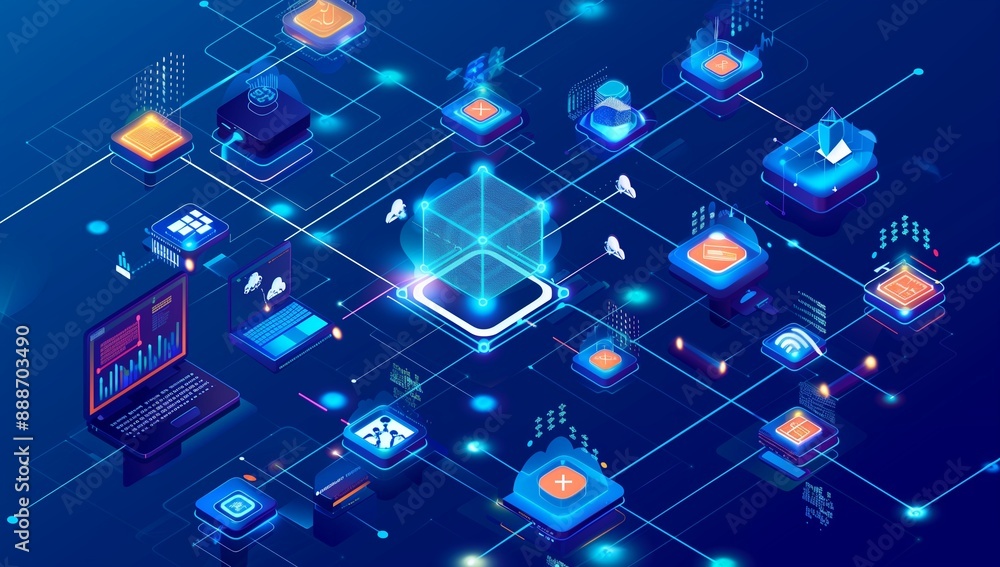 Isometric network with glowing lines and AI icons on dark blue. Isometric network with glowing lines and AI icons on dark blue.