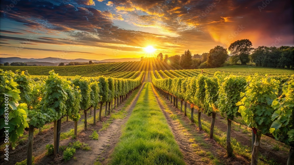 Fototapeta premium Vineyard at sunset with rows of grapevines glowing in the warm evening light, vineyard, sunset, grapevines, rows