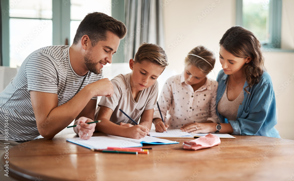 Fototapeta premium Parents, kid and help with homework in home for education, learning and support with care. People, family and school work with teaching for child development or growth for project, art and creativity