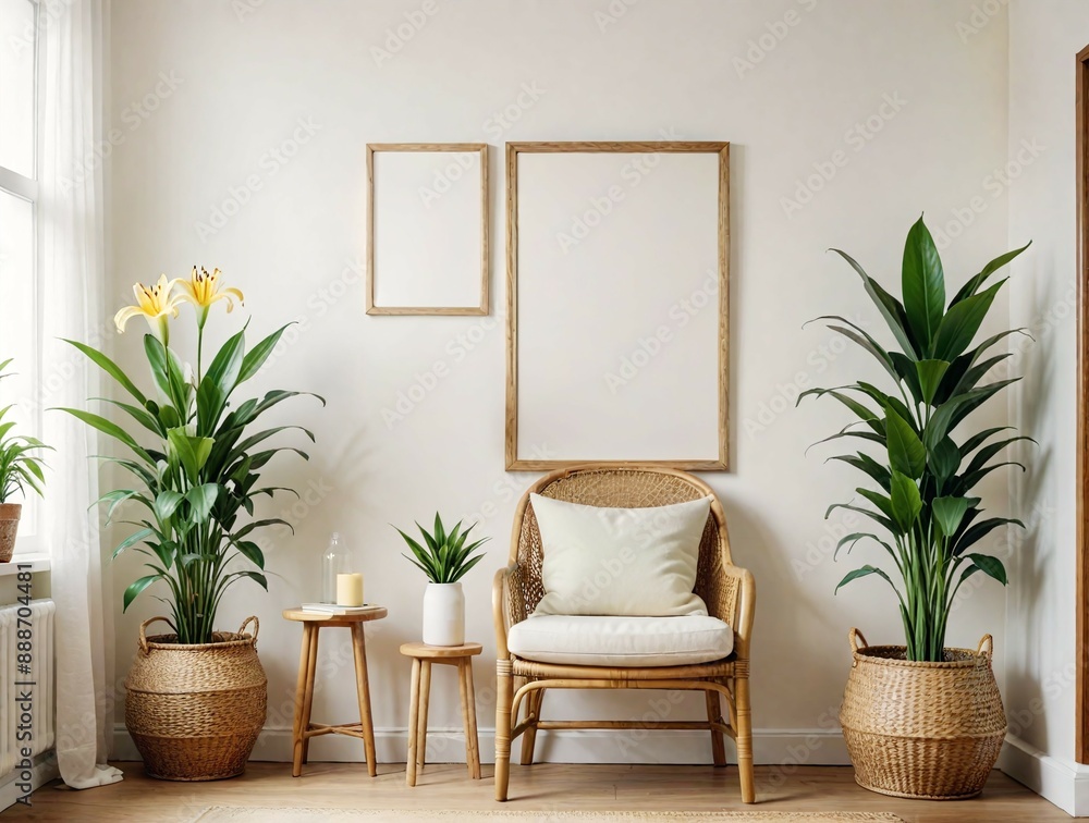 Chairs and decorations large blank framed poster mockup, and plants, natural light background, home decor concept. 3D Rendering Chairs and decorations large blank framed poster mockup, and plants, natural light background, home decor concept. 3D Rendering